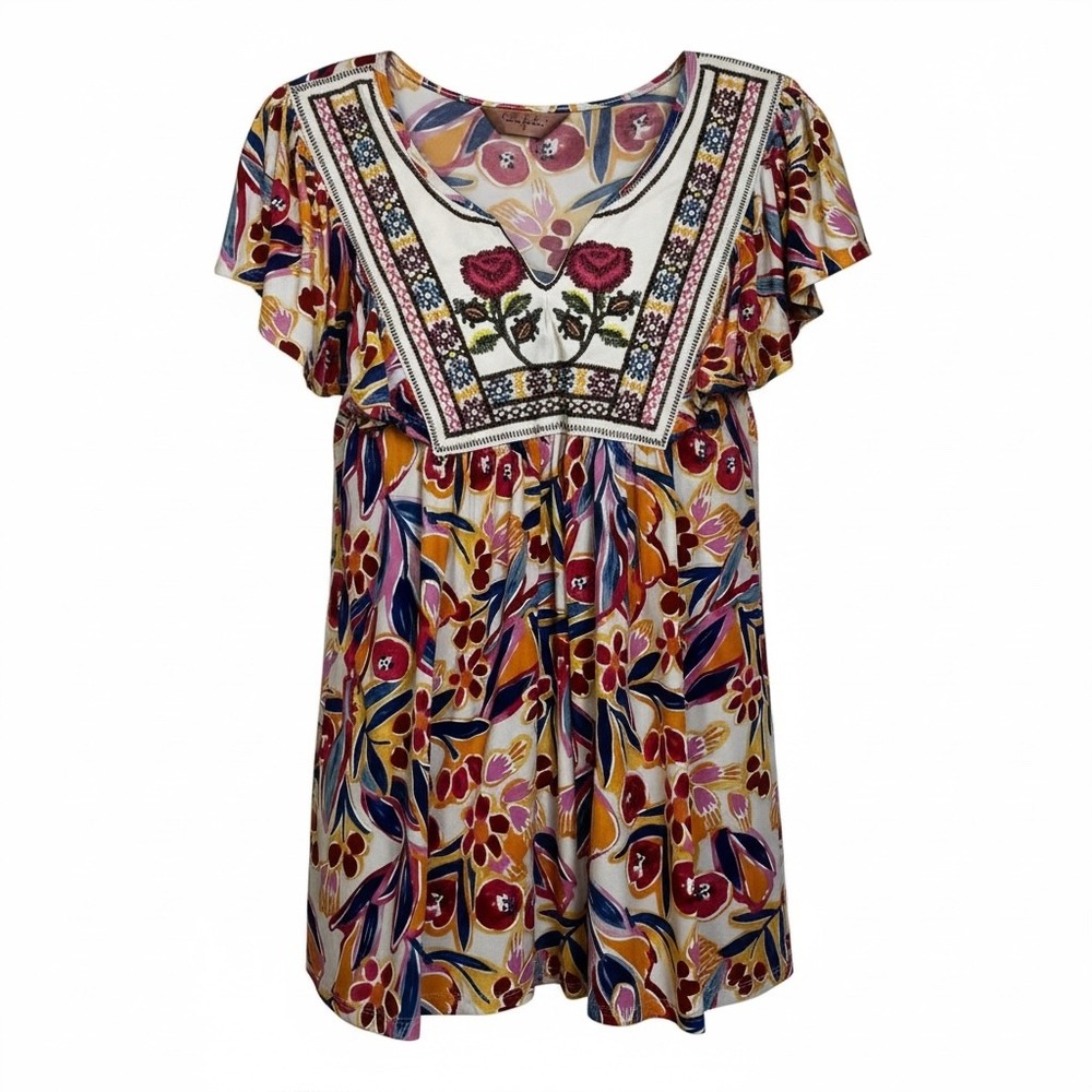Amana Womens Floral Embroidered Babydoll Tunic Top Flutter Sleeve Multicolor S‎